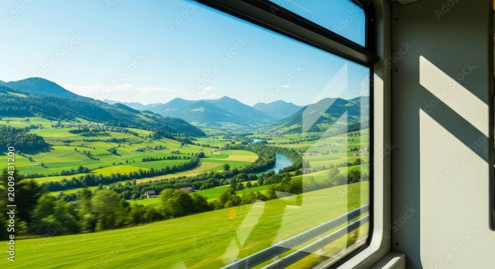 Obraz premium Soft natural light illuminates the interior of a moving transit vehicle as a view of the rolling landscape passes by through a large window, commute, blur, flare