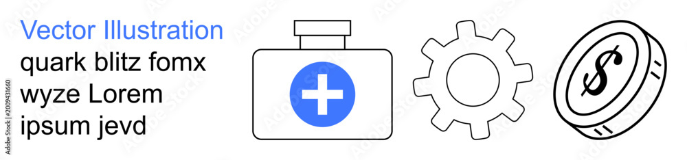 Obraz premium Healthcare, technology, innovation, economy, financial concepts, minimal design. A medical box with a cross, gear and dollar coin. Healthcare and technology digital solutions and financial growth
