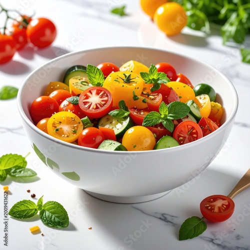 Colorful bowl overflowing with fresh cherry tomatoes, cucumber slices, and mint