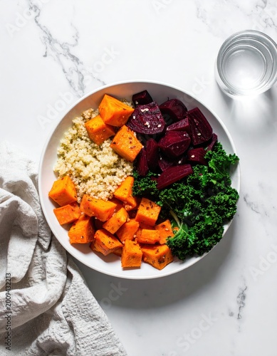 Colorful bowl with roasted sweet potatoes, beets, kale, and quinoa