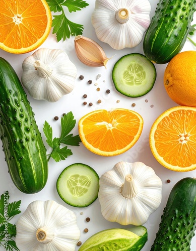 Fresh, vibrant produce oranges, cucumbers, garlic, and herbs arranged artfully