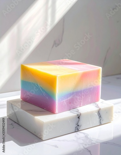 Colorful cube-shaped soap with pastel rainbow layers on marble