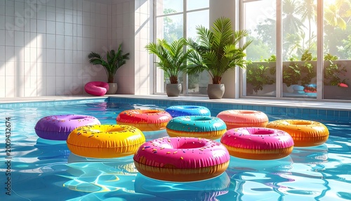 Colorful donut floaties drift in a sunlit indoor pool, surrounded by plants