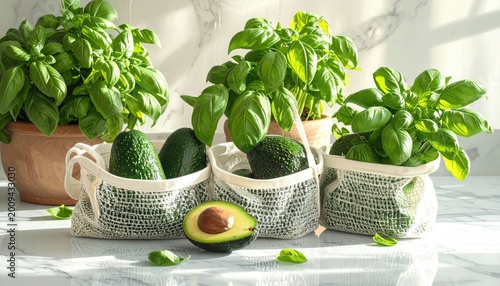 Fresh avocados and basil in reusable bags on a marble countertop