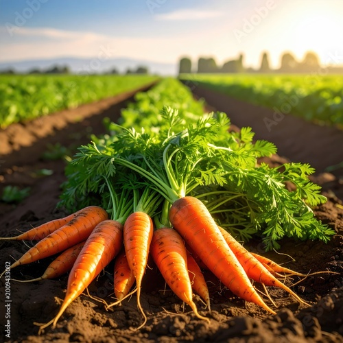 Fresh carrots, sunlit field, earthy soil, green tops