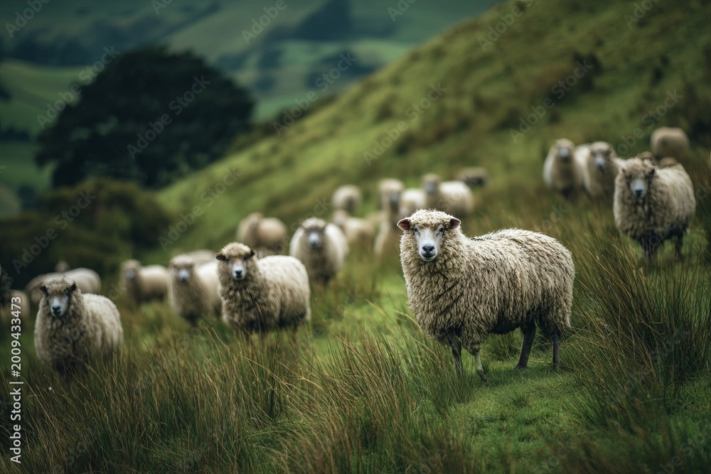 Fototapeta premium Vibrant pastoral scene featuring lush green grass and grazing sheep in a serene landscape