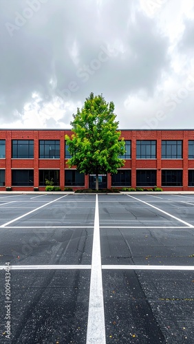 Empty parking lot facing a brick building with a lone tree