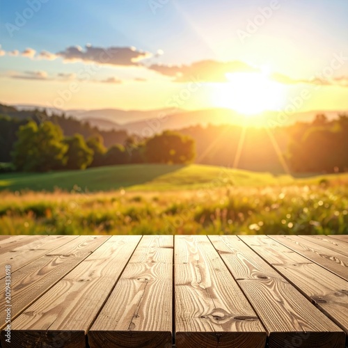 Empty wooden planks foreground; blurred hills, sunset, glowing sky backdrop