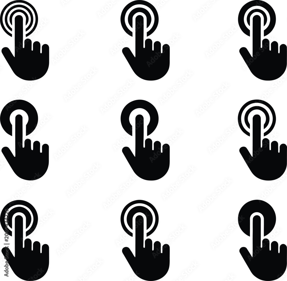 Fototapeta premium Hand Cursor Click Icons SVG Bundle | 12 Black Pointer Hand Silhouettes | UI UX Touch Tap Vector Pack | Digital Download SVG PNG