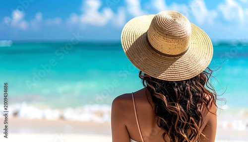 Woman in a wide-brimmed straw hat facing the ocean, with turquoise water and white sand beach, ideal for travel and summer vacation themes