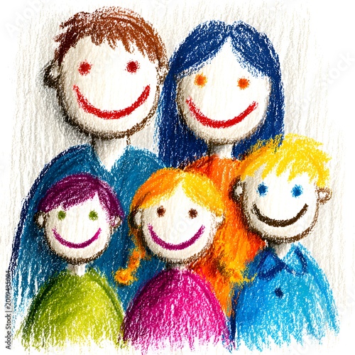  A happy cartoon family of four smiles cheerfully together while standing in a loving embrace against a clean white studio backdrop indeed.