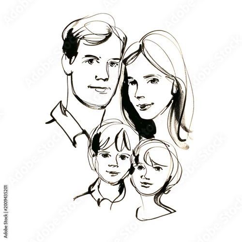 Charming ink drawing portrays a happy family featu parents and children in simple artistic black and white illustration for elegant design.
