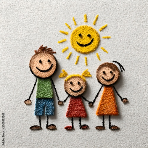 Happy stick figure family with smiling sun made from colorful sand art on textured white background illustration represents joy and togetherness.