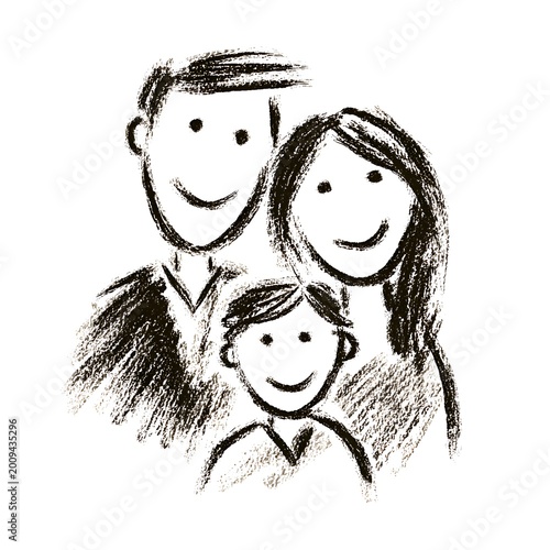 A simple charcoal sketch depicts a happy family portrait with a mother, father, and child all smiling on a plain white background in monochrome.