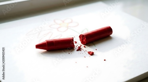 Broken crayon on clean white paper, symbolic innocence