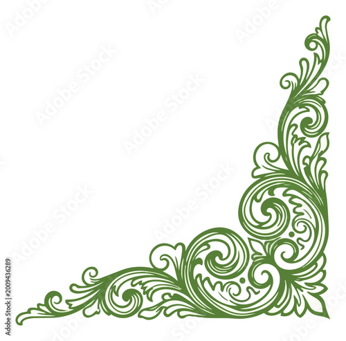 An ornate green floral flourish decorates the right edge on a white background