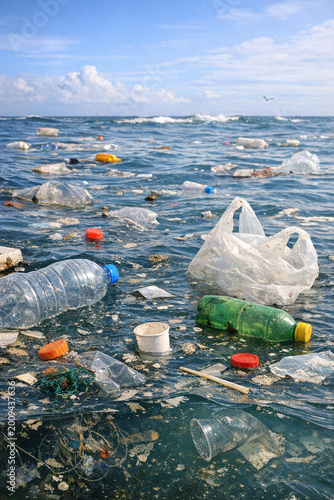 A shocking scene of environmental devastation with a sea filled with plastic trash and debris.