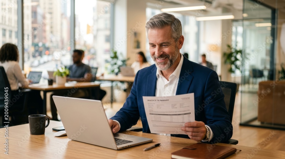 Fototapeta premium Mature caucasian male professional reviewing documents in modern office setting