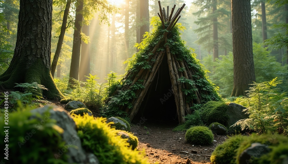 Naklejka premium Forest teepee shelter built with sticks, natural green plants. Sunlight streams through tall trees creating magical woodland ambiance. Path leads to cozy, vine-covered structure for outdoor adventure.