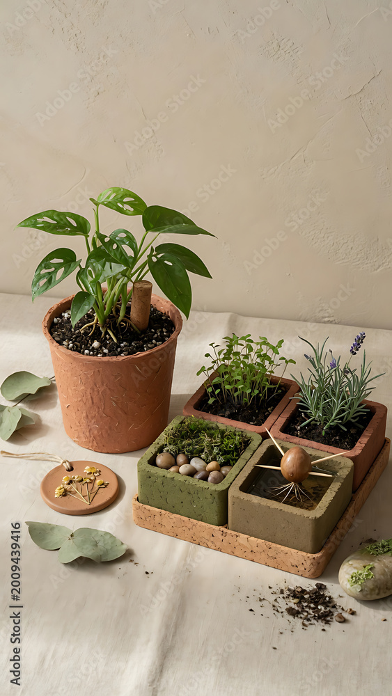 Fototapeta premium Terracotta Pot With Monstera Plant And Small Planters Filled With Herbs And Moss Set Up On A Neutral Background With Soft Lighting