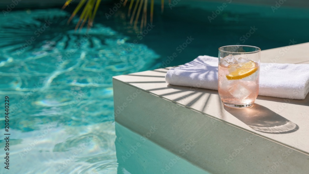 Naklejka premium Refreshing Pink Summer Cocktail by Turquoise Swimming Pool