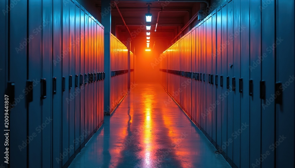 Fototapeta premium Long empty hallway with rows of metal lockers. Blue and orange neon lights reflect on the polished floor. The corridor fades into orange mist at the end, creating a moody atmosphere.