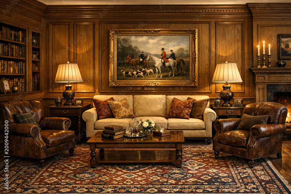 Obraz premium This is a luxurious living room featuring wooden paneling on the walls, leather furniture, a fireplace, and an antique painting. The space has a warm and inviting atmosphere.