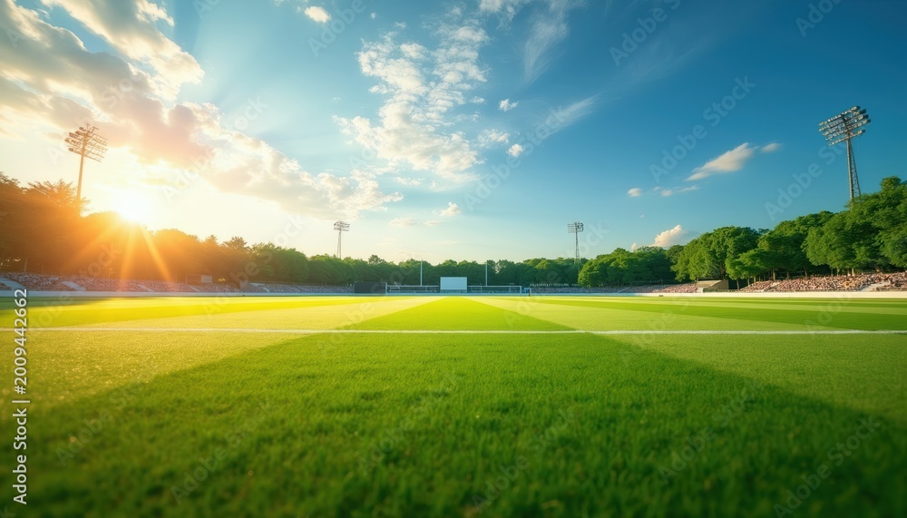 Fototapeta premium Sports stadium field with rich green grass, bright sun rays, stadium lights, and spectators in stands. Outdoor arena for competition and athletic events with blue sky.