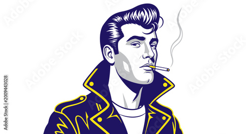 Fotografie Retro 1950s Man Smoking Cigarette in Leather Jacket, Rockabilly Style