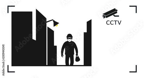 Tableau sur toile Thief in Alleyway under CCTV Surveillance, Urban Crime Concept