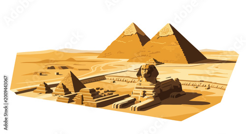 Ancient Egyptian Pyramids and Sphinx in the Desert - Stylized Illustration