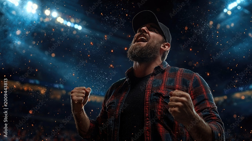Naklejka premium Excited Bearded Man Cheering at a Stadium