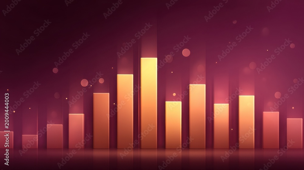 Fototapeta premium Abstract colorful chart with rising bars showcasing growth and progress in a vibrant digital style against a gradient background of purple and orange hues