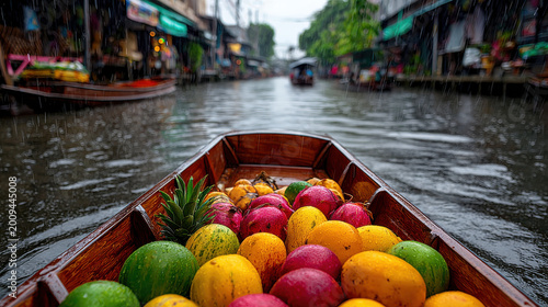 Vibrant floating market in rainy season showcases colorful fruits in wooden boat, creating lively and refreshing atmosphere