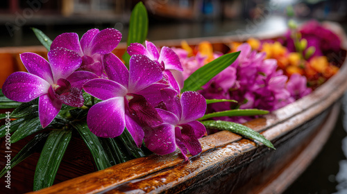 Colorful flowers float gracefully in market during rainy season creating vibrant and lively atmosphere