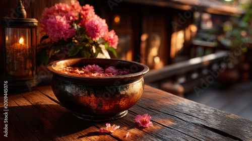 Serene scene features bowl of floating flowers on wooden table illuminated by warm light during golden hour, enhancing tranquil atmosphere