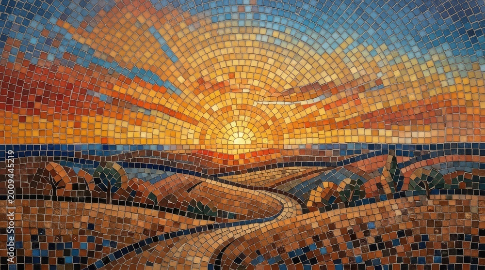 Obraz premium Mosaic art depiction of golden sunset landscape with rolling hills and clear horizon lines.