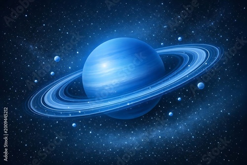 Blue Planet with Rings in Space Cosmic Background