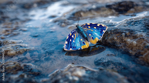 Vibrant butterfly rests on shore, showcasing its stunning blue and yellow colors while surrounded by glistening water