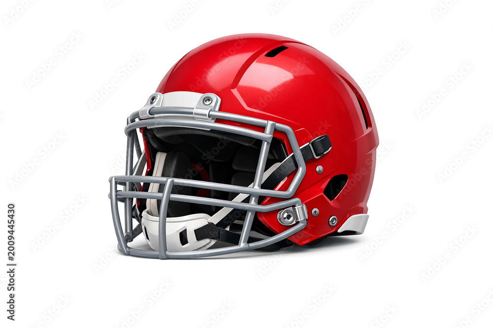 Fototapeta premium A red football helmet with a clear faceguard. The helmet has a shiny finish and is positioned against a light gray background.