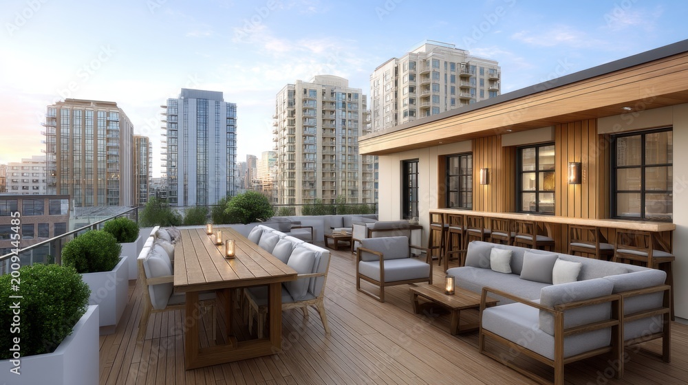 Fototapeta premium Elegant rooftop terrace with modern furniture and city skyline view at sunset, perfect for outdoor gatherings and relaxation in urban settings