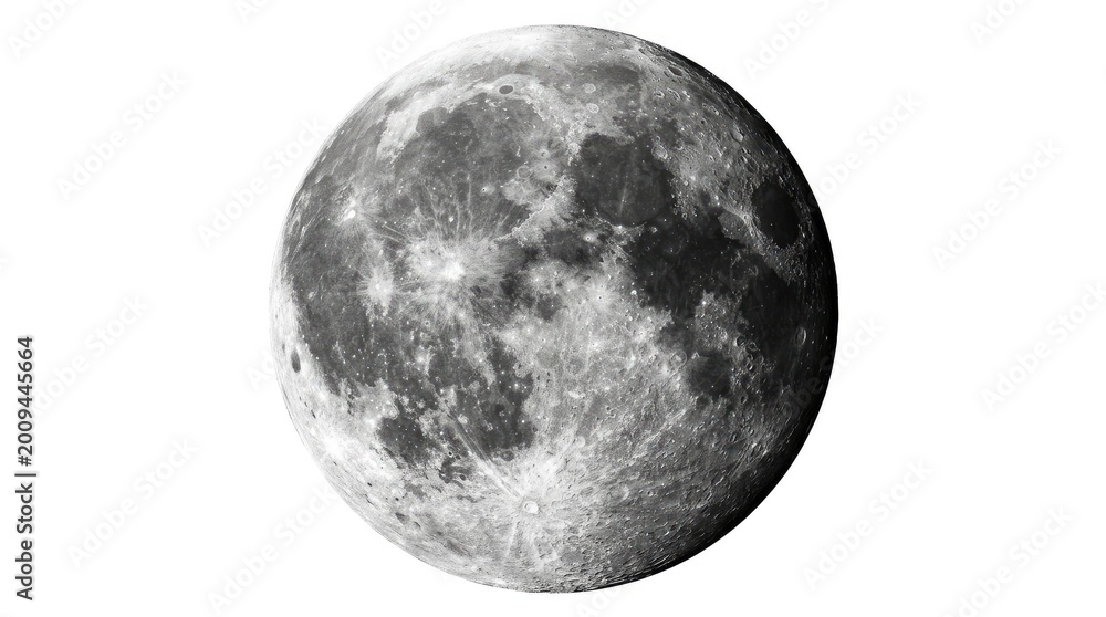 Naklejka premium Full moon isolated on white background with clear craters showing detailed lunar texture.