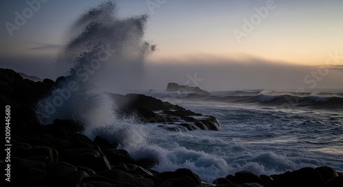 Moody Pacific Northwest rocky shore with crashing waves and misty atmosphere creating powerful cinematic seascape full of natural raw beauty and emotion