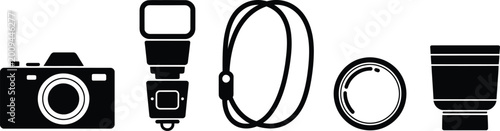 Φωτογραφία Dslr camera gear line art collection showing body flash speedlight wrist strap glass lens and filter