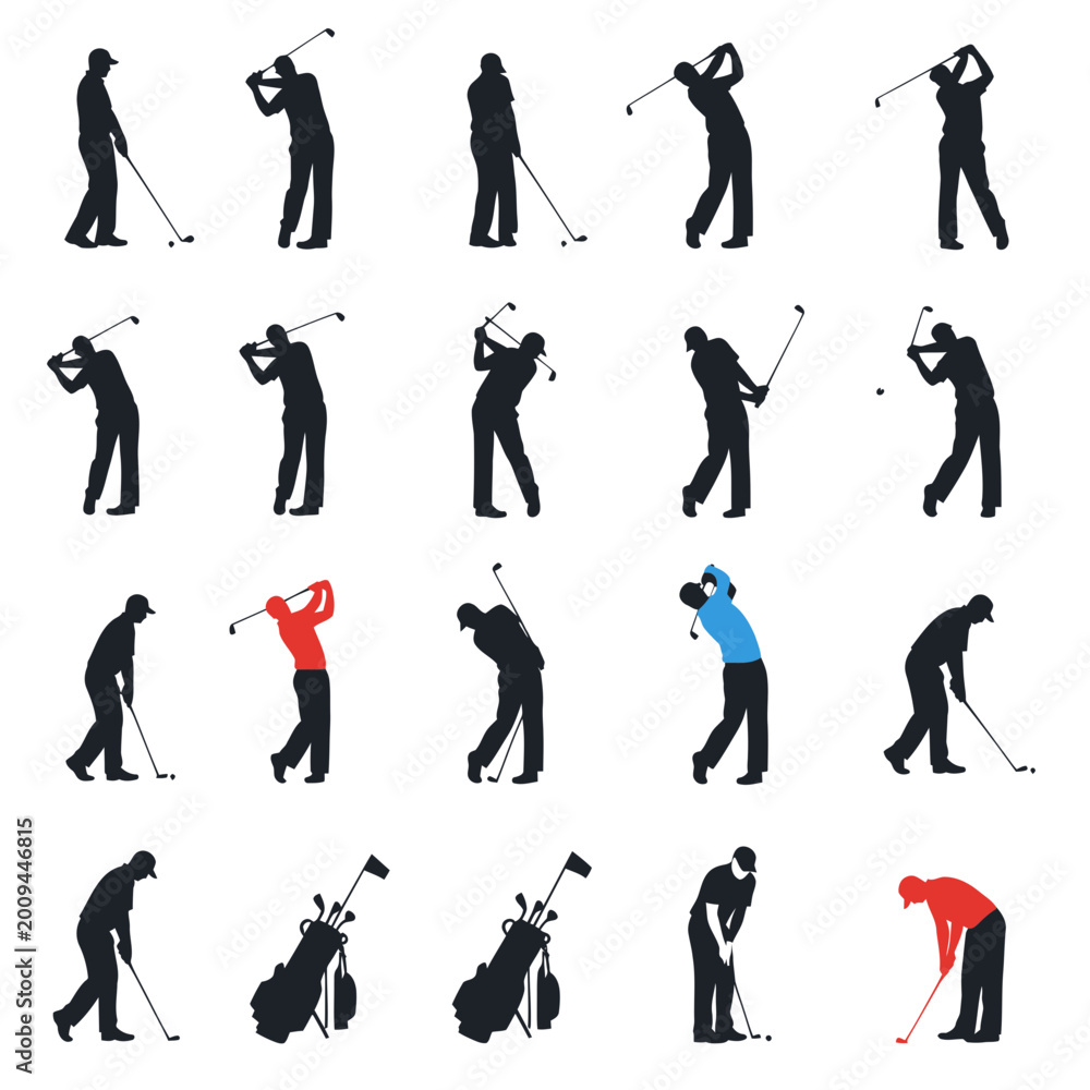 Fototapeta premium Golfer Silhouettes: Action Poses and Golf Bag Icon