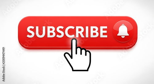 Red subscribe button with hand cursor and bell icon isolated on white background