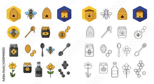 Obraz na plátne Beehive Icons and Honey Elements Collection: Flat & Outline Styles