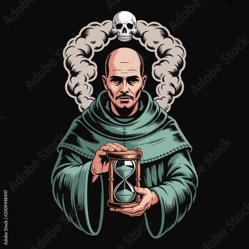 Photos Man holding hourglass with green robe.