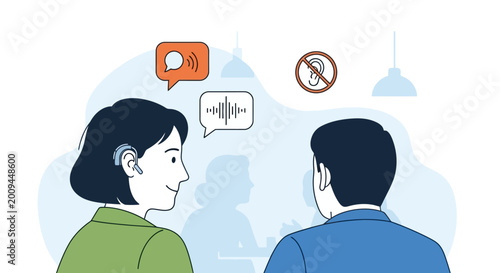 Vector illustration of woman with hearing aid communicating with man, deaf awareness and hearing loss accessibility concept in public place