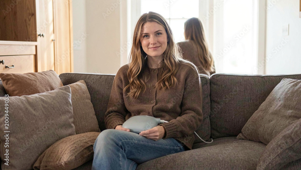Fototapeta premium A young actress sitting on a couch with a serious expression.